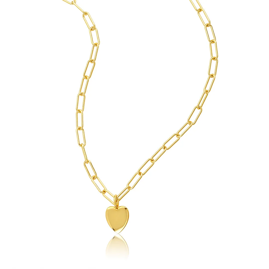14k Gold Plated 25" Heart Charm Paper Clip Chain Necklace