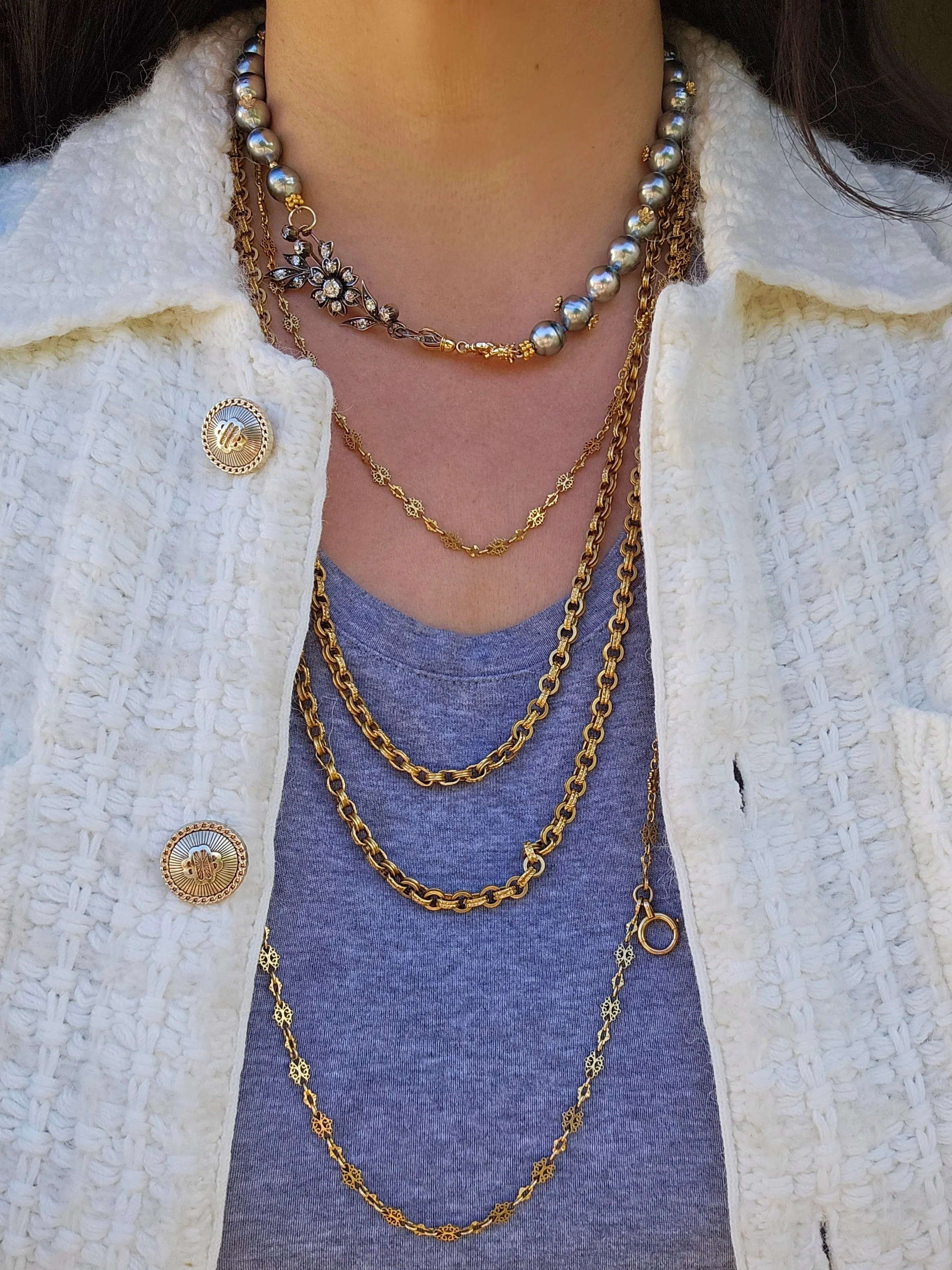 18K Solid Gold Natural Silver Tahitian Pearl Necklace with Small Flowers, Diamonds & Antique inspired Hand Fist Clasp 18"