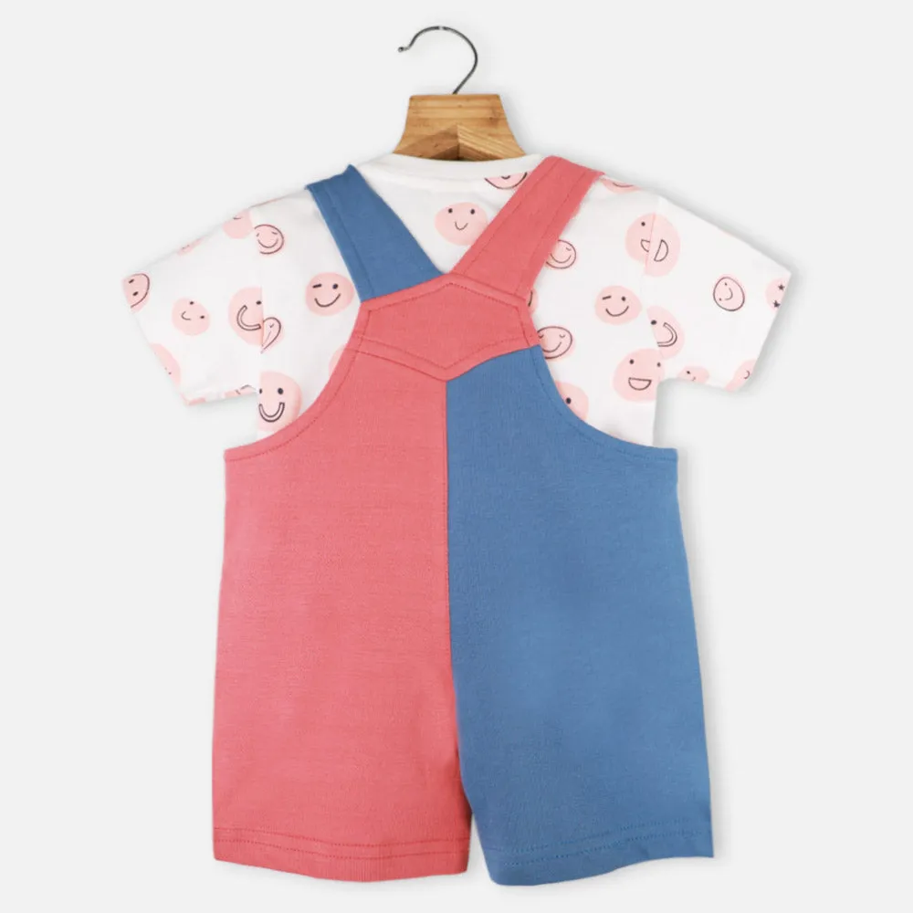 Colorblock Mummy Embroidered Dungaree With Half Sleeves White T-Shirt