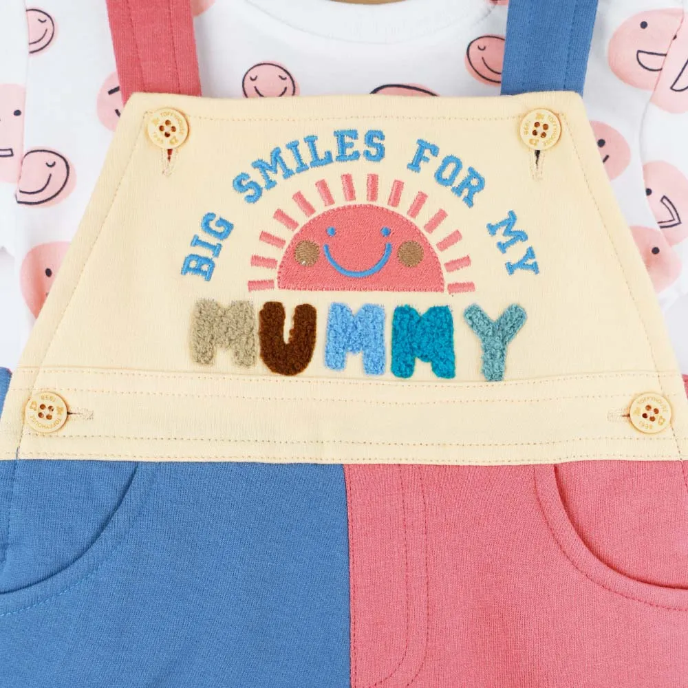 Colorblock Mummy Embroidered Dungaree With Half Sleeves White T-Shirt