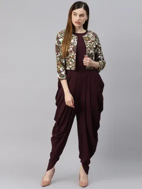 Cottinfab Brown Solid Dhoti Style Jumpsuit With Jacket