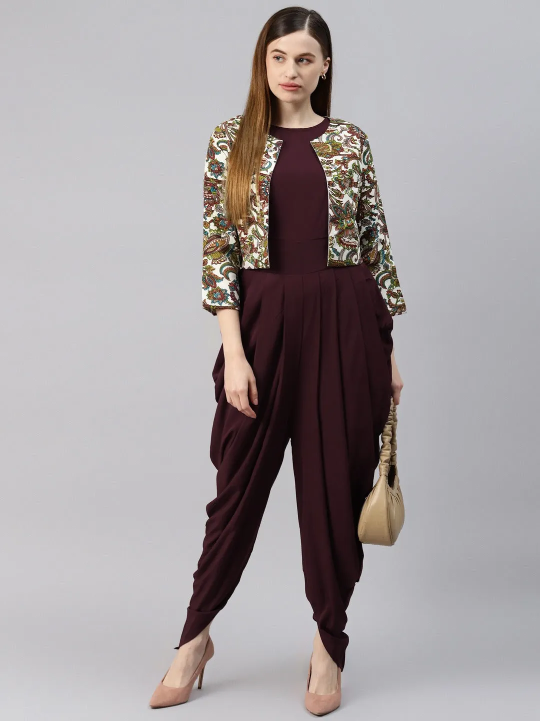 Cottinfab Brown Solid Dhoti Style Jumpsuit With Jacket