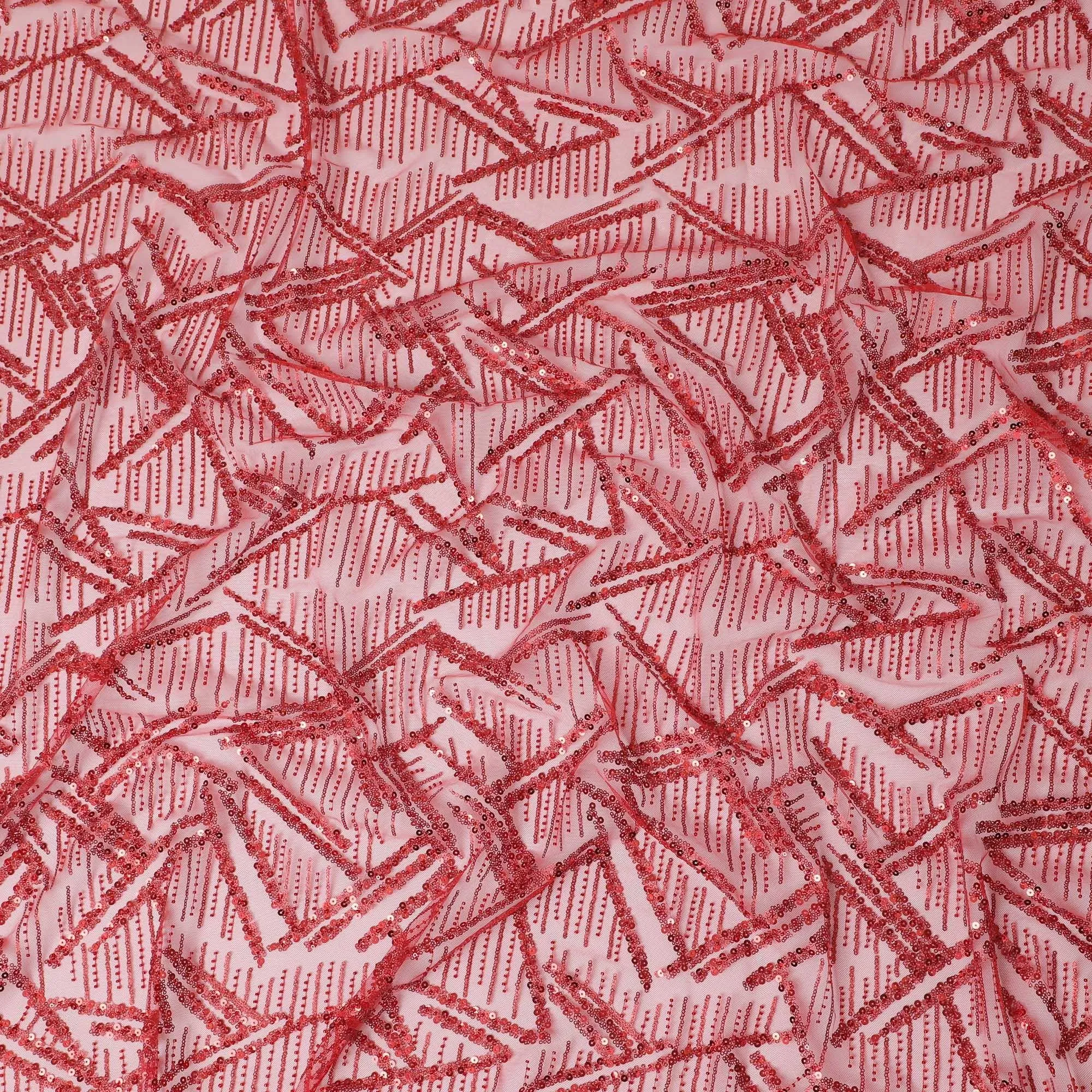 Crimson red Premium nylon tulle fabric with same tone embroidery, sequins and bead work in fancy design-D15393