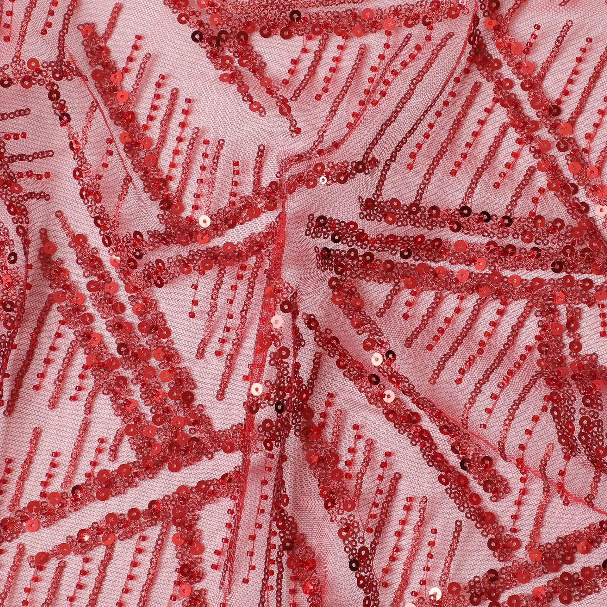 Crimson red Premium nylon tulle fabric with same tone embroidery, sequins and bead work in fancy design-D15393
