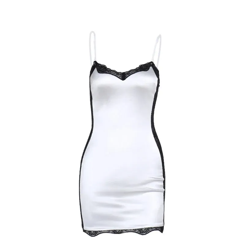 Girlary Women's Sexy Vintage Lace Patchwork Adgustable Straps Sleeveless Backless Y2K Short Mini Bodycon Satin Cami Dress