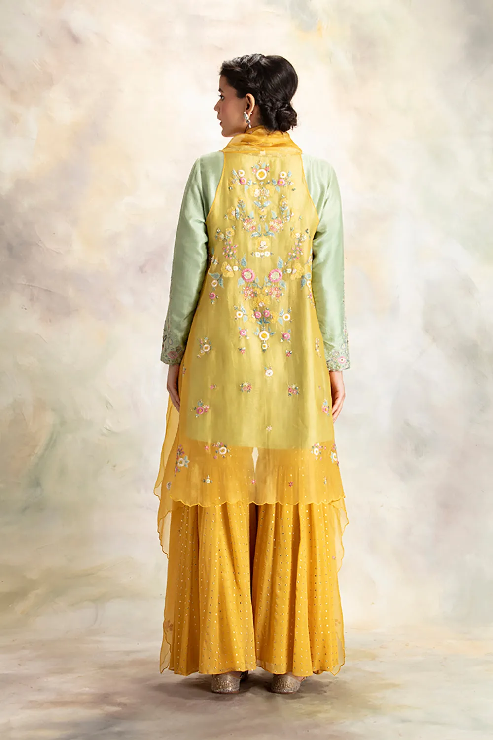 Graceful Aqua Embroidered Short Kurti With Sharara & Cape