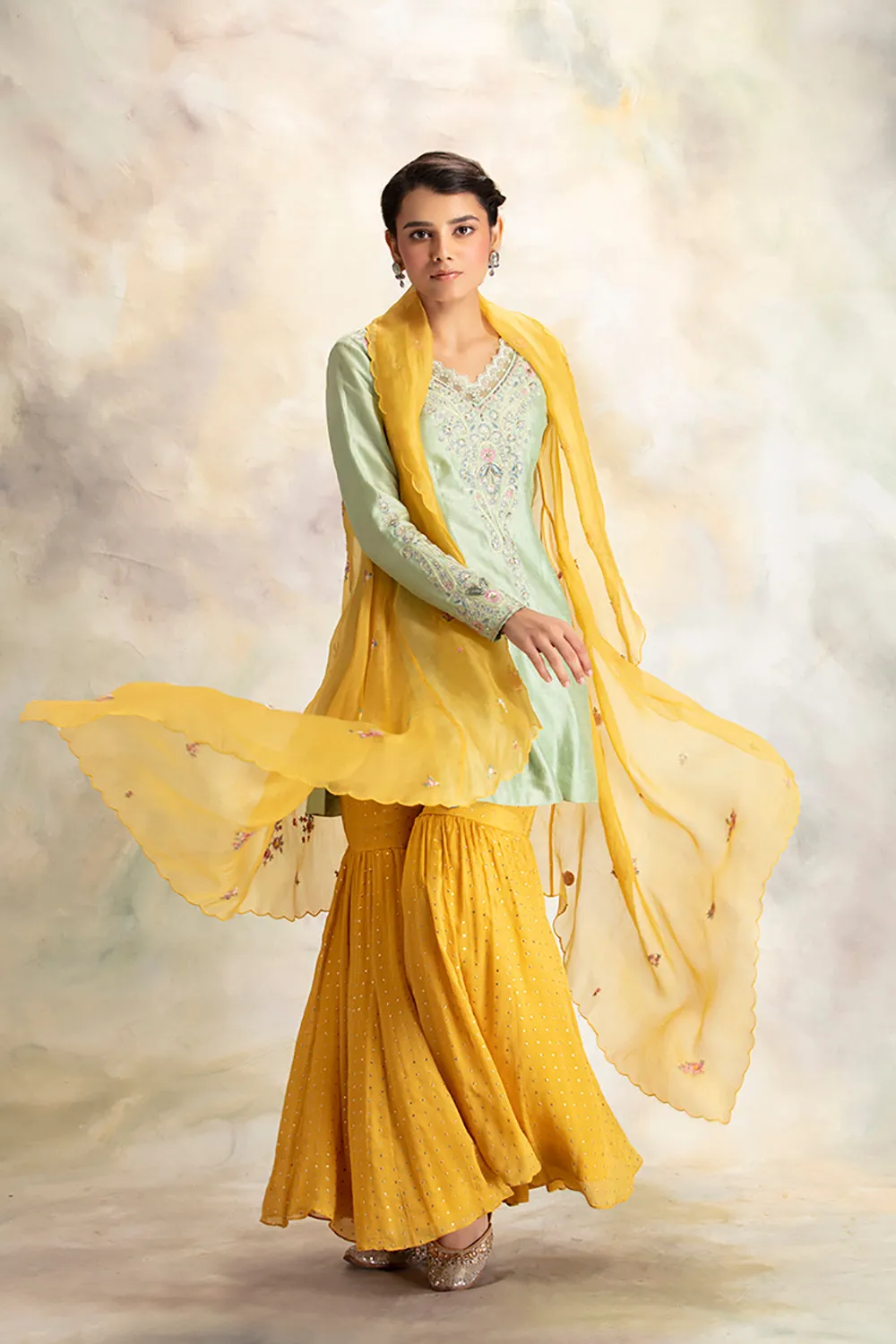 Graceful Aqua Embroidered Short Kurti With Sharara & Cape