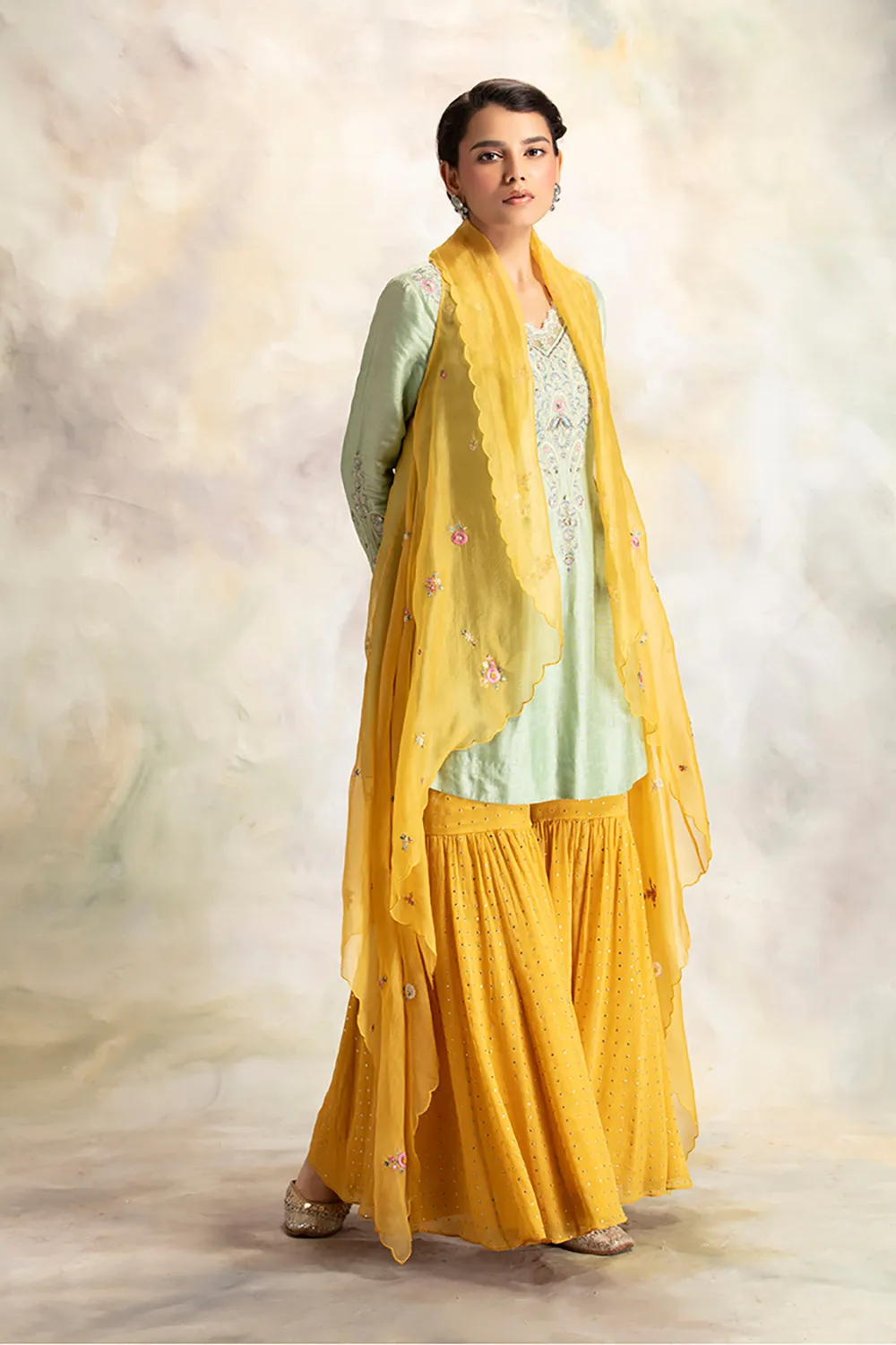 Graceful Aqua Embroidered Short Kurti With Sharara & Cape