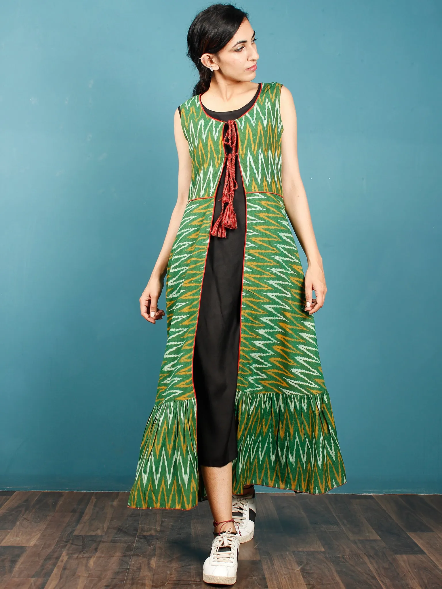 Green Mustard Black Hand Woven Ikat Cotton Cape Dress With Tassels  - D268F952