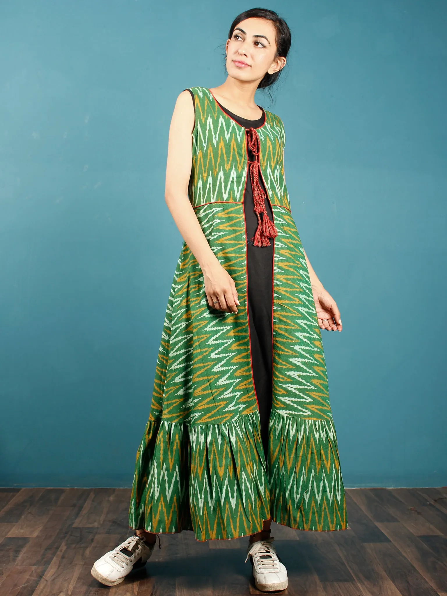 Green Mustard Black Hand Woven Ikat Cotton Cape Dress With Tassels  - D268F952