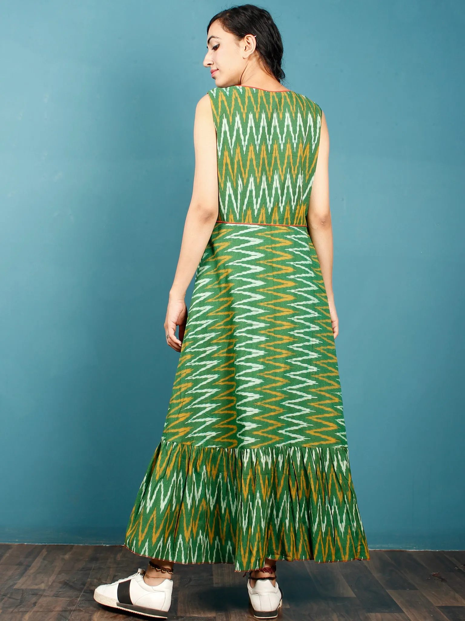 Green Mustard Black Hand Woven Ikat Cotton Cape Dress With Tassels  - D268F952