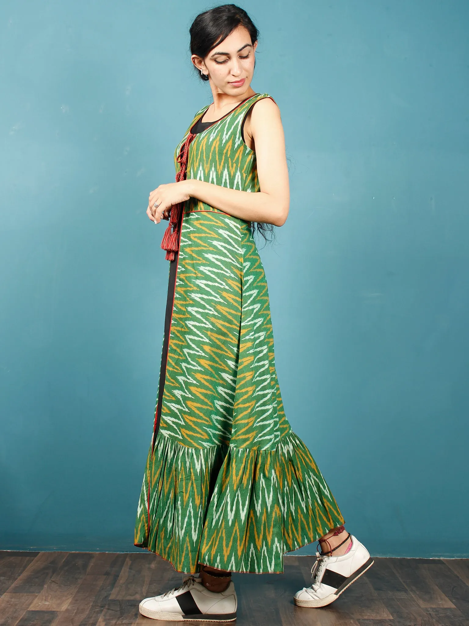 Green Mustard Black Hand Woven Ikat Cotton Cape Dress With Tassels  - D268F952