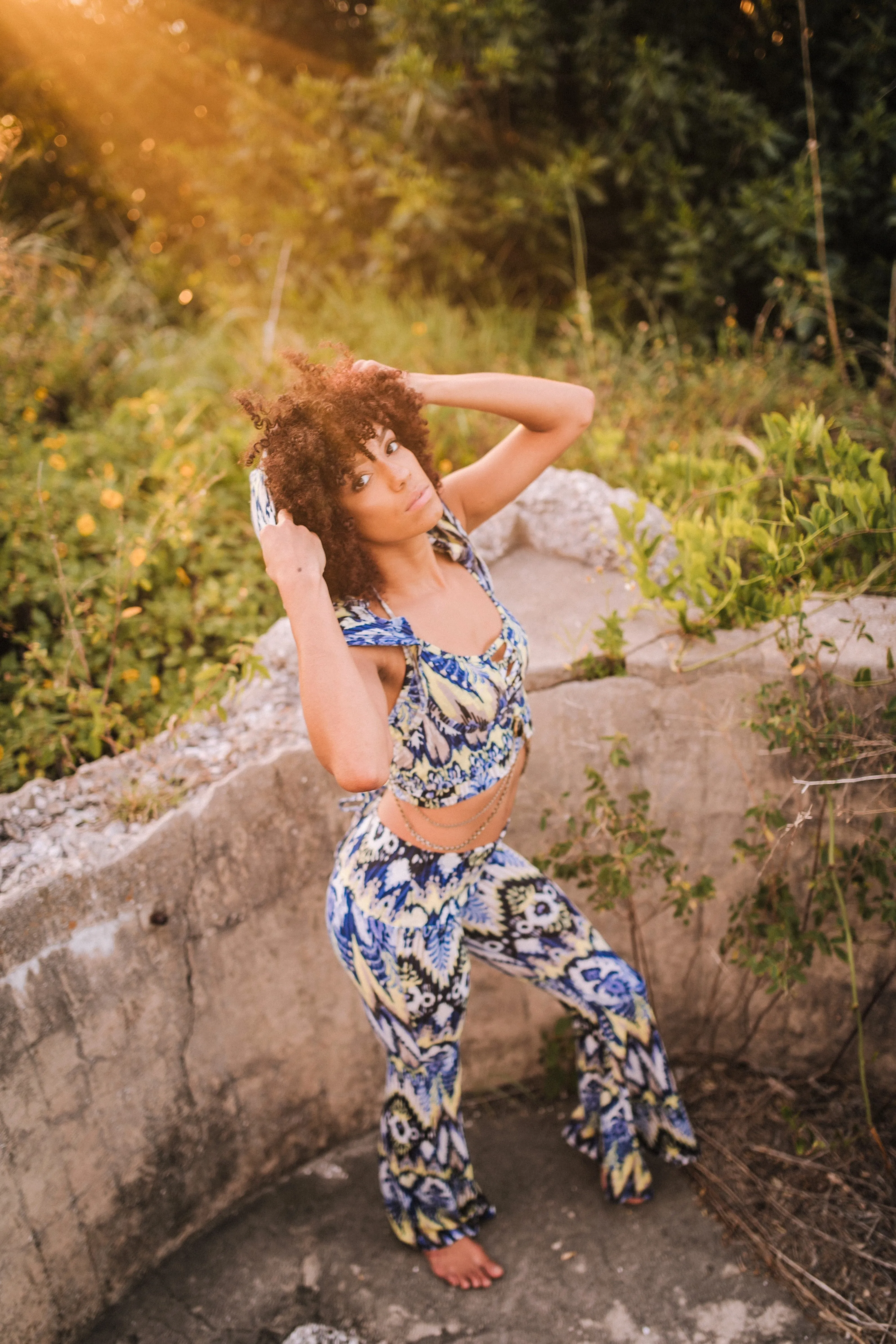 High Waist Bell Bottom Flare Pants - Blue and Cream