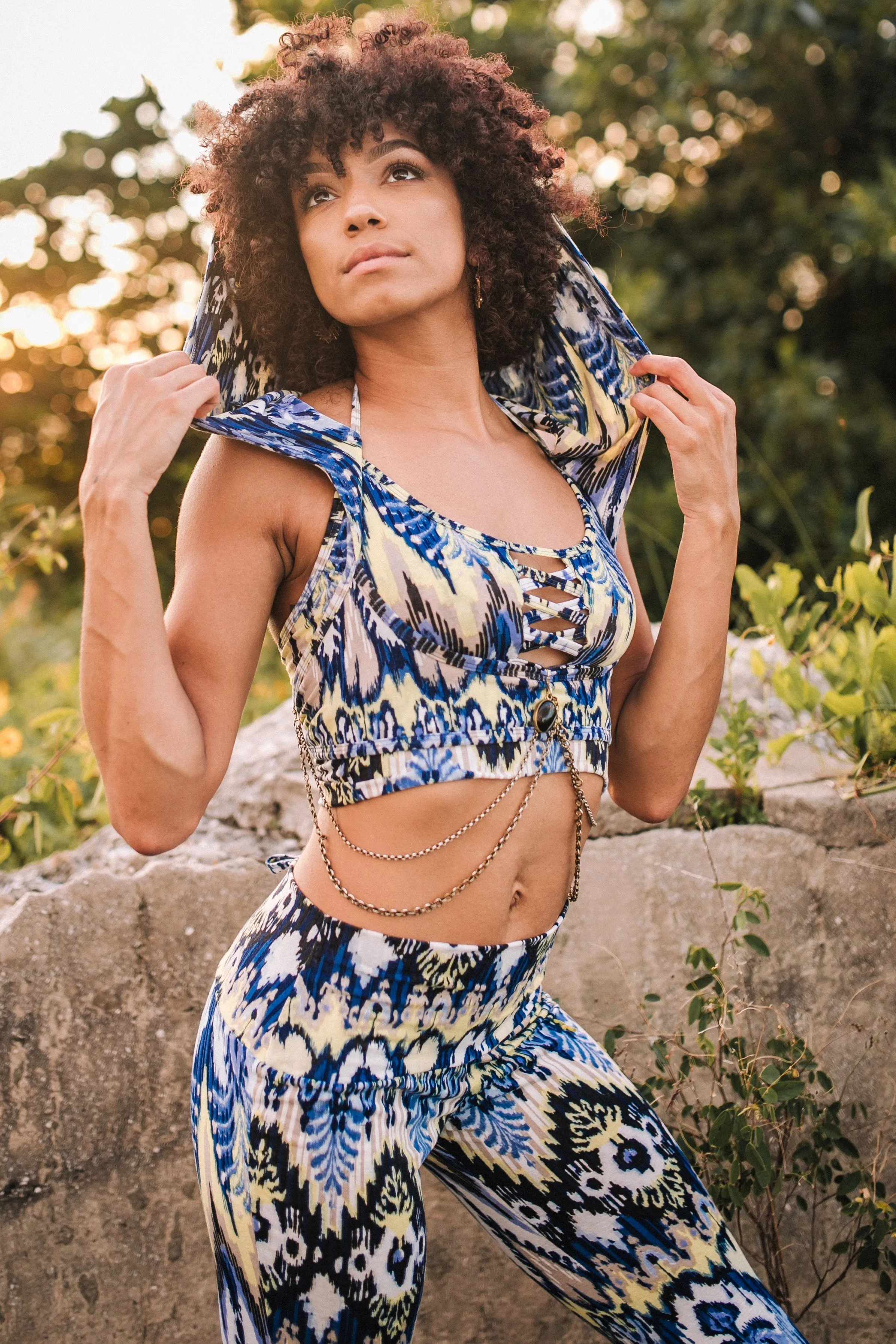 High Waist Bell Bottom Flare Pants - Blue and Cream