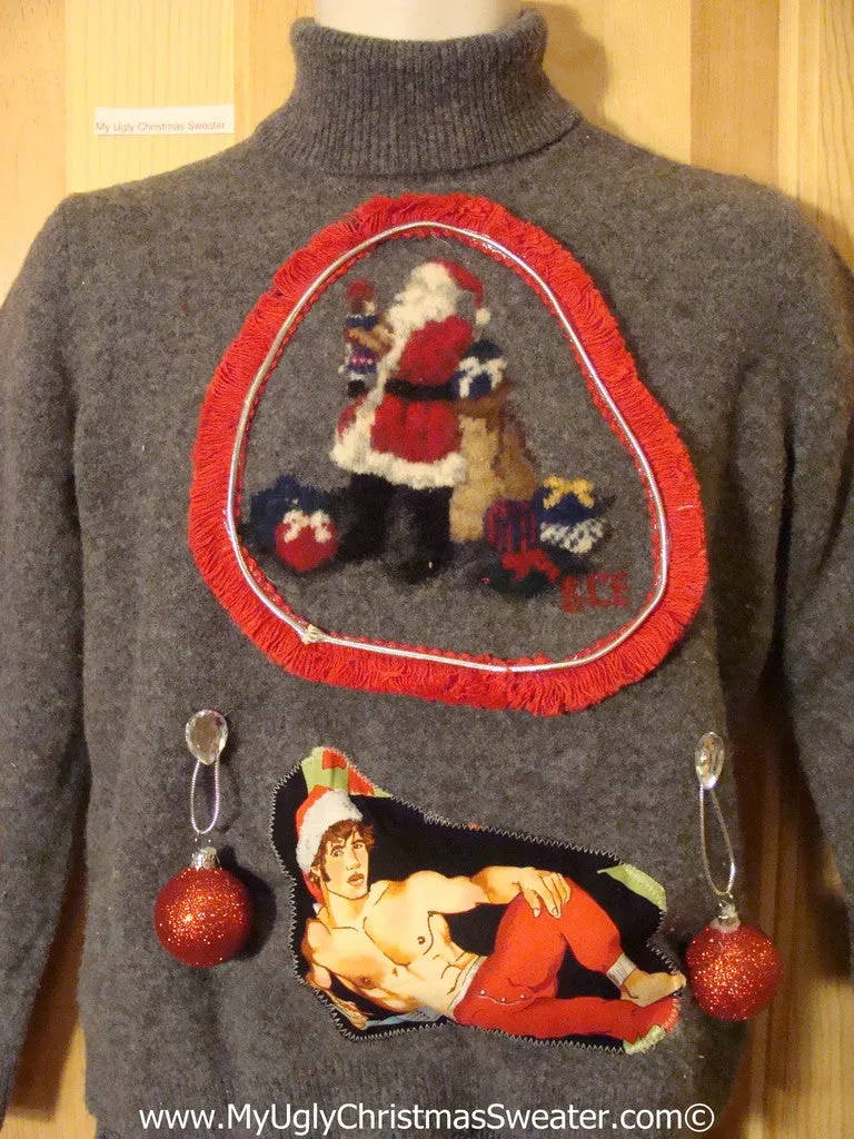 Hottie Guy Tacky Ugly Christmas Sweater Dangling Fringe & 3D Ornaments (b22)