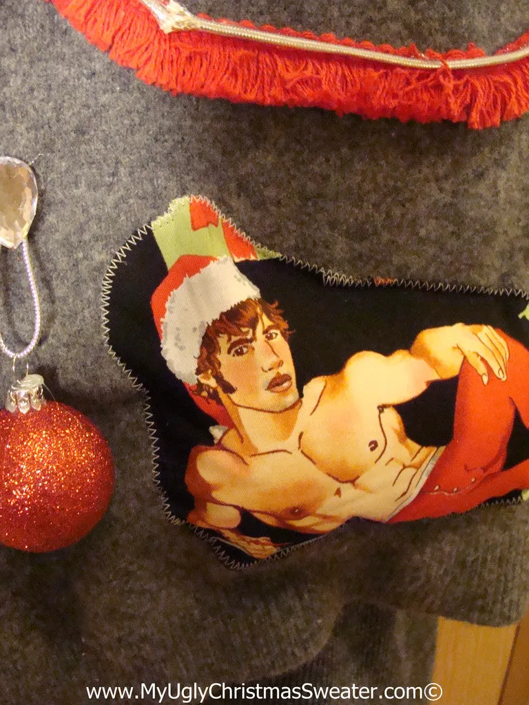 Hottie Guy Tacky Ugly Christmas Sweater Dangling Fringe & 3D Ornaments (b22)