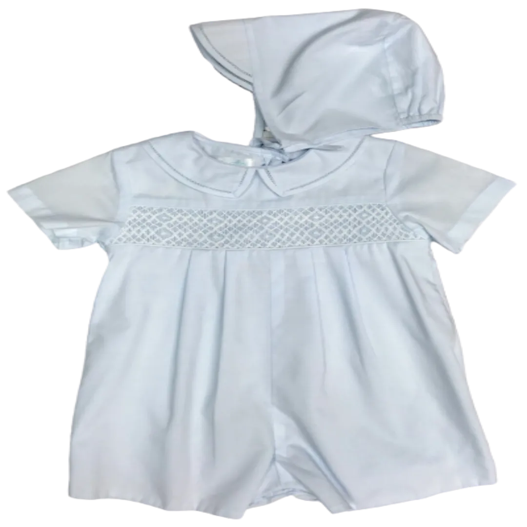 Light Blue Geometric Smocked Shortall