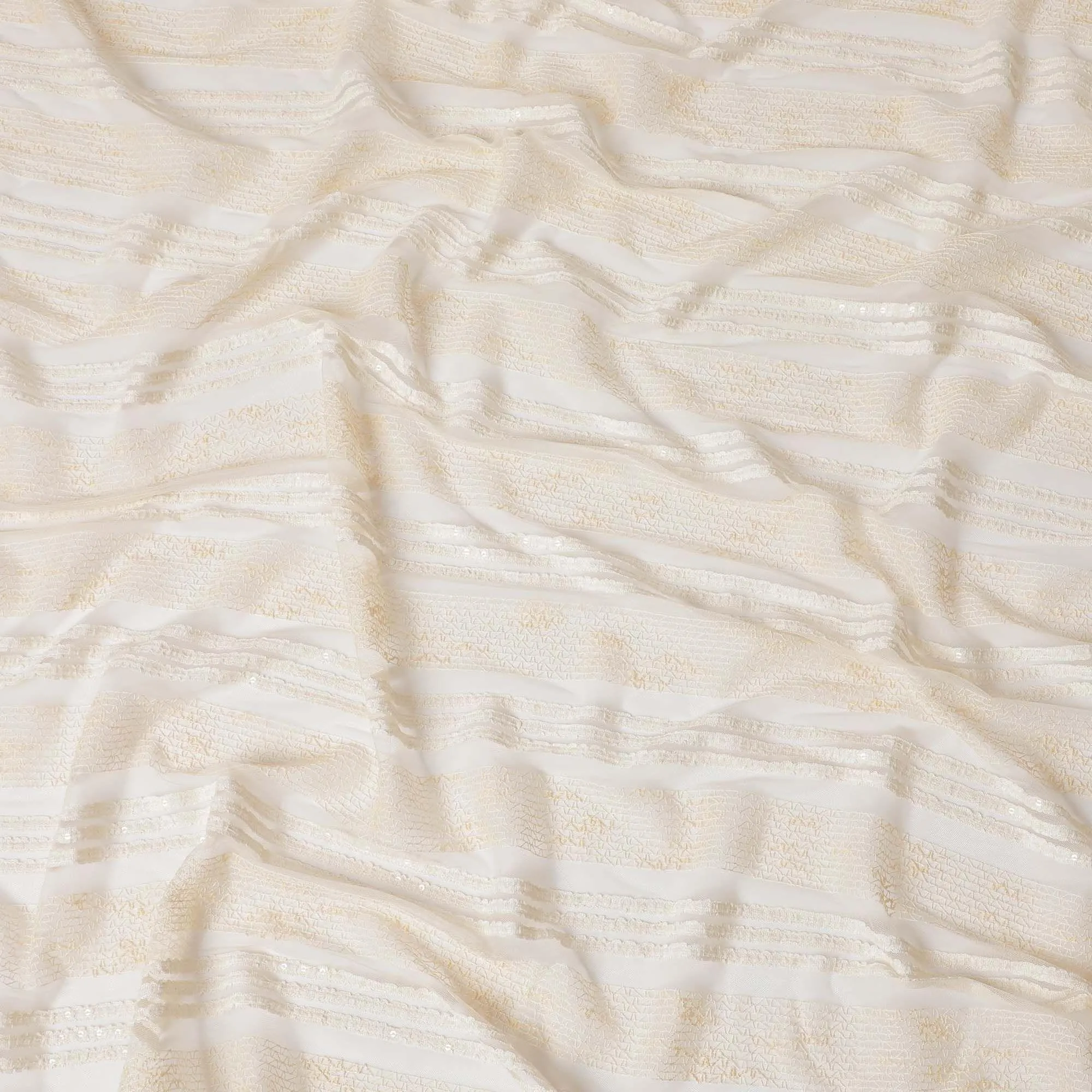 Light gold nylon tulle fabric with same tone embroidery and sequins in stripe design-D6667