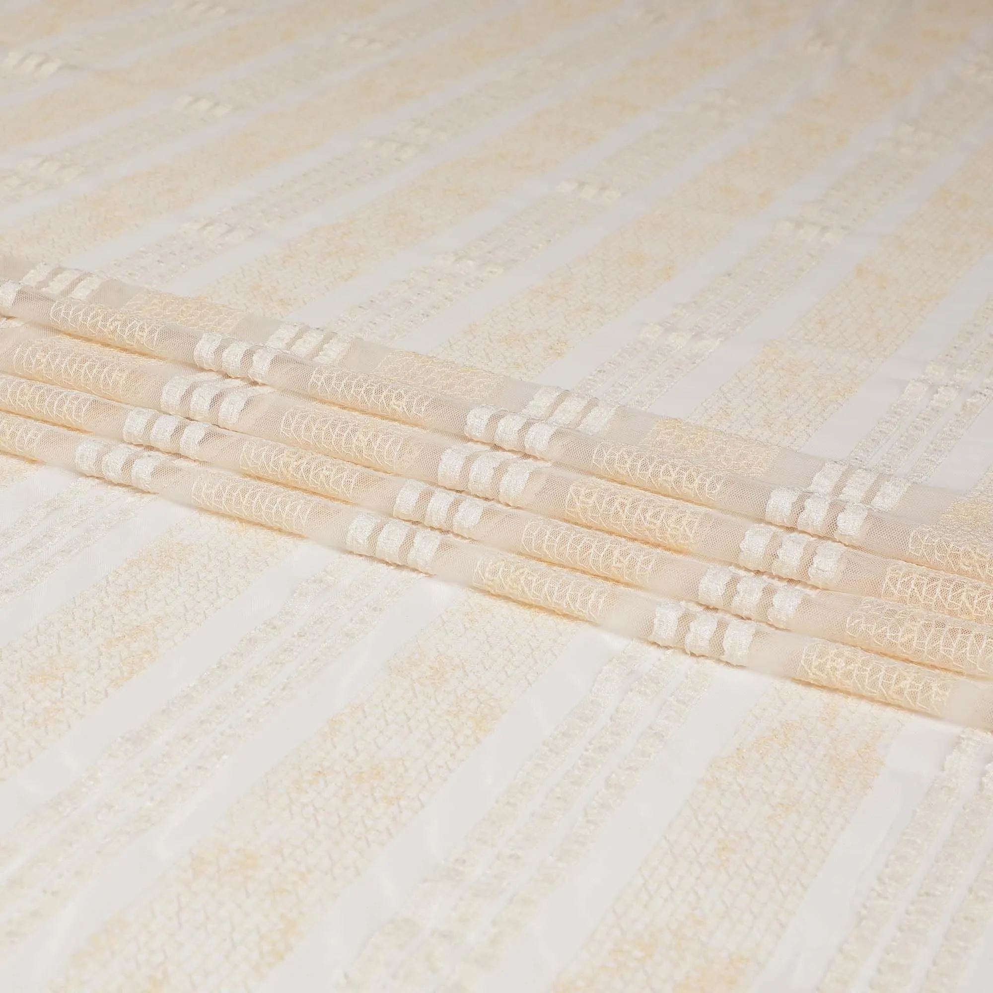Light gold nylon tulle fabric with same tone embroidery and sequins in stripe design-D6667