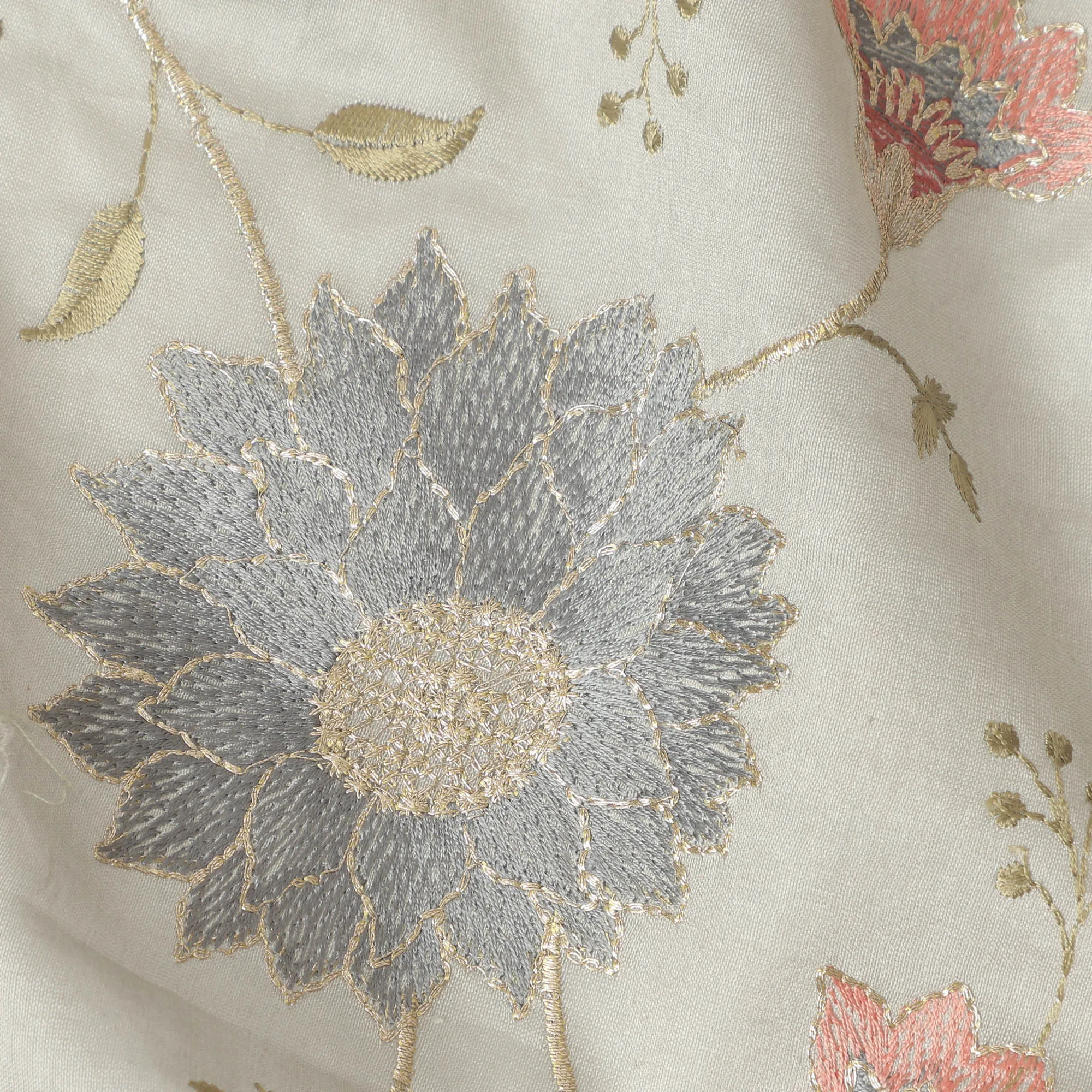 Light Grey Synthetic Viscose Fabric with Coral and Silver Floral Embroidery, 110 cm Width-D20574