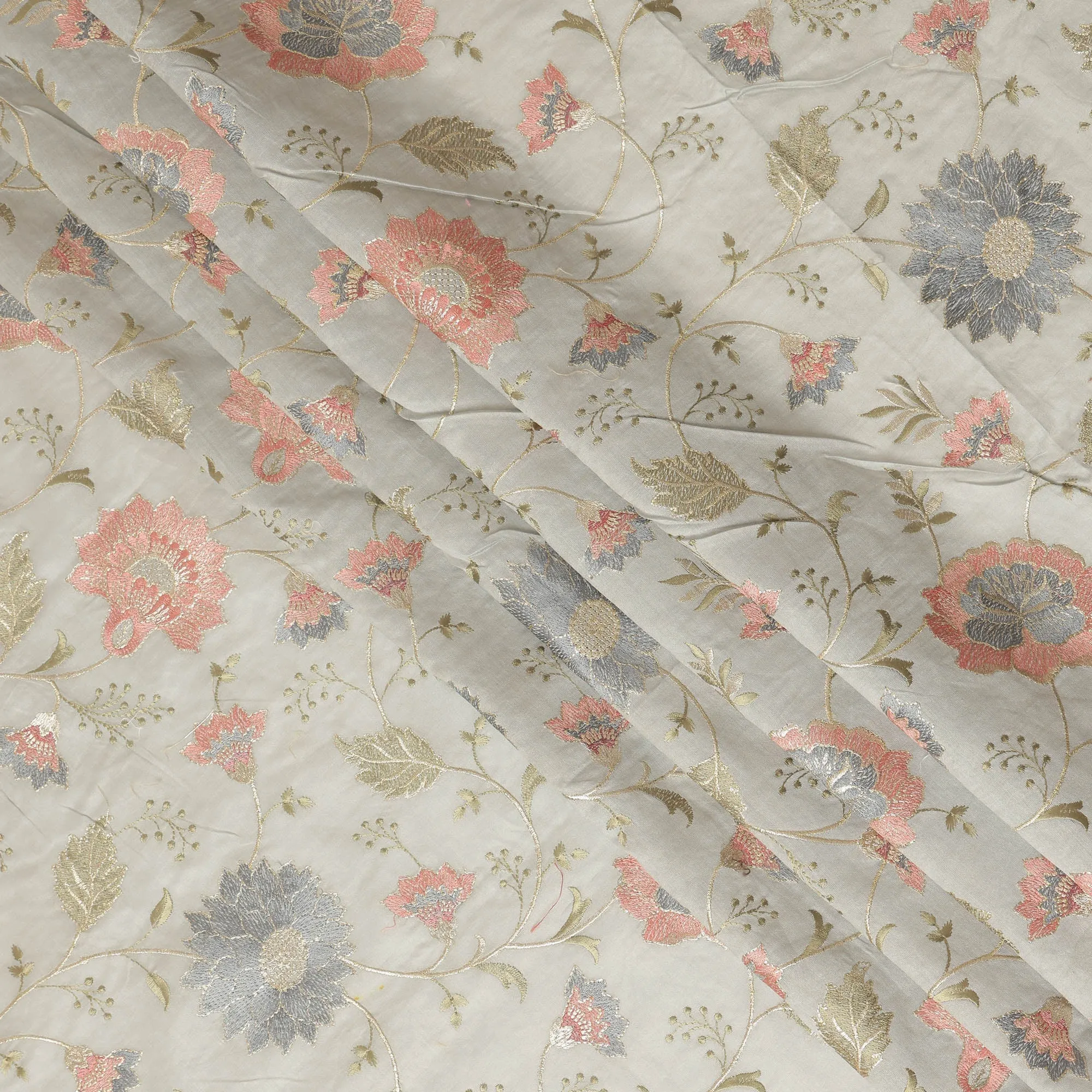 Light Grey Synthetic Viscose Fabric with Coral and Silver Floral Embroidery, 110 cm Width-D20574
