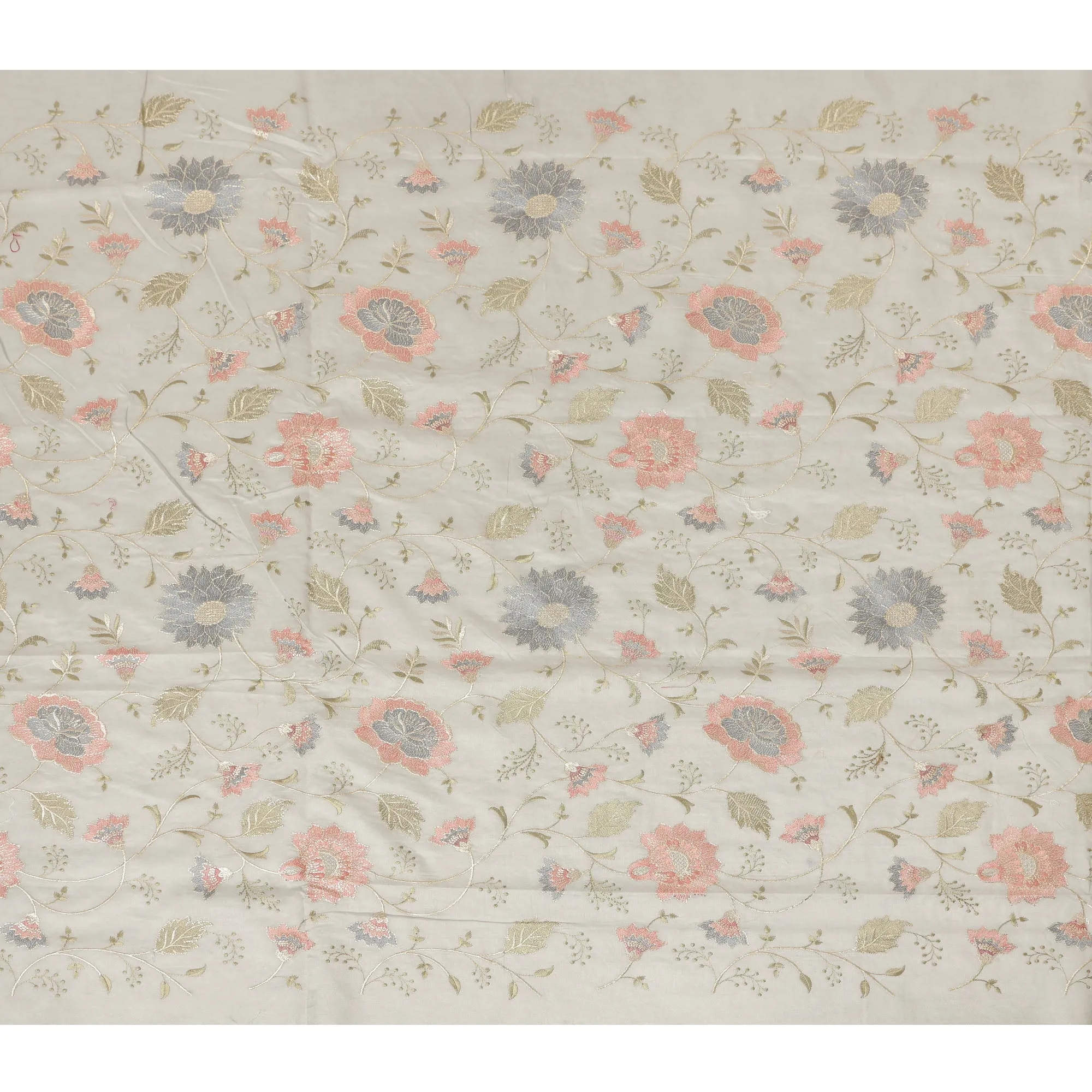 Light Grey Synthetic Viscose Fabric with Coral and Silver Floral Embroidery, 110 cm Width-D20574