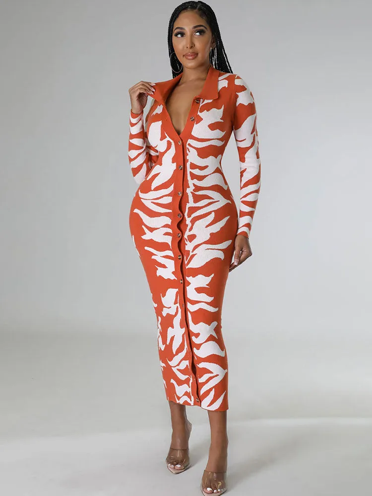 Long Sleeves Lapel Button Midi Dresses