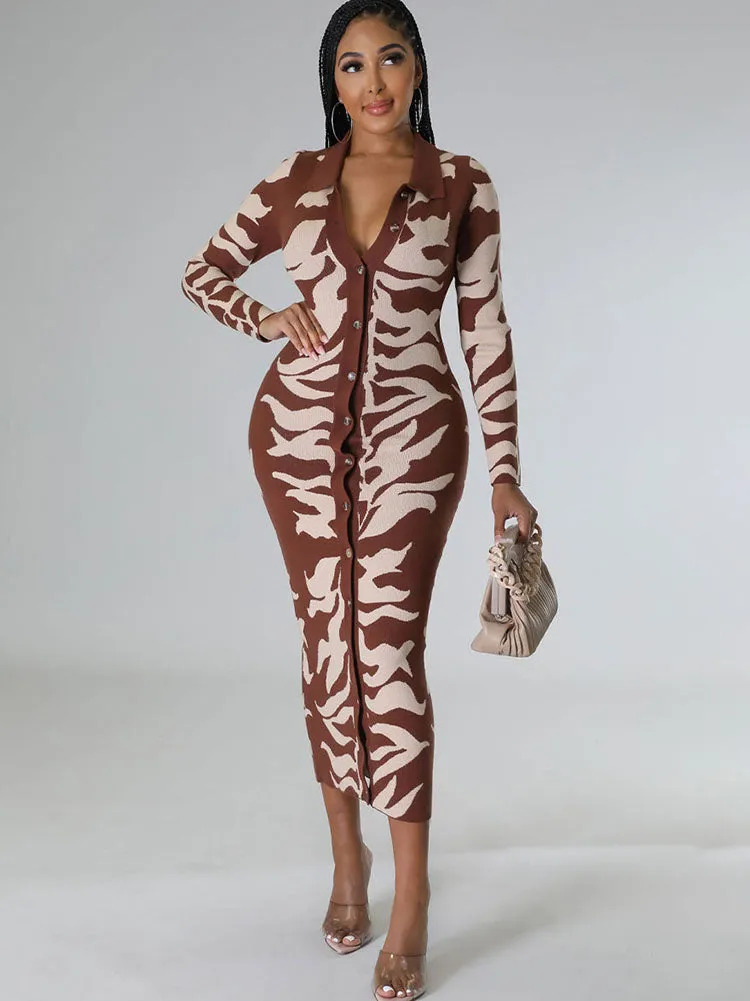 Long Sleeves Lapel Button Midi Dresses