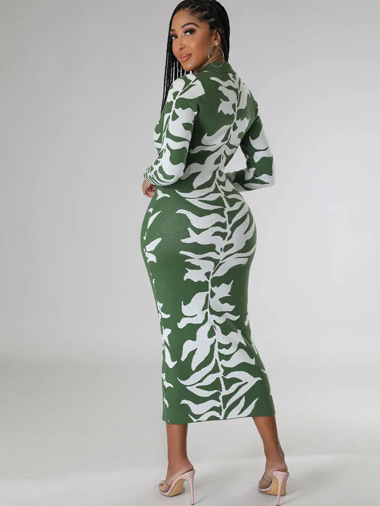 Long Sleeves Lapel Button Midi Dresses