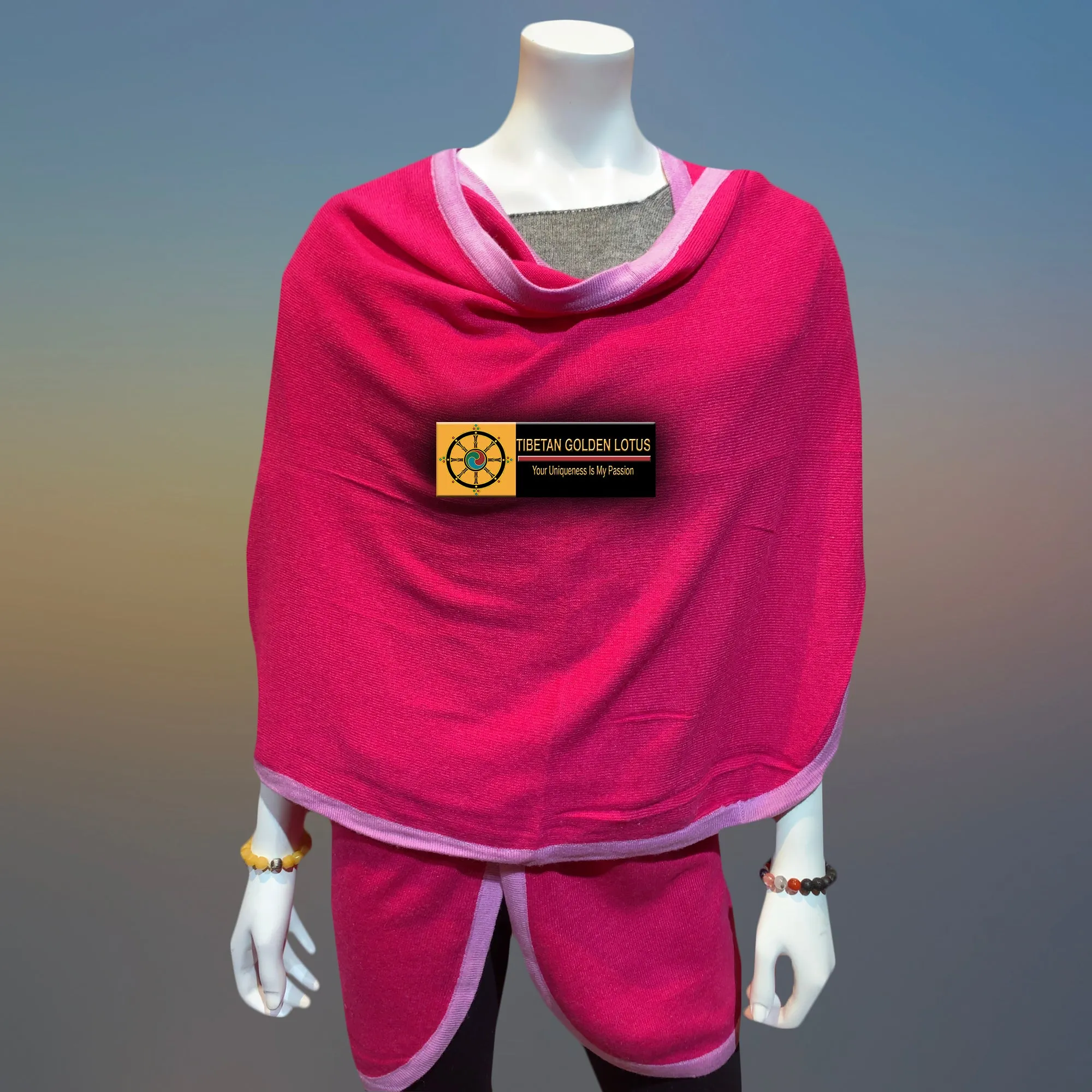 Magenta Tibetan Golden Lotus Cashmere Cape Ruana, Poncho Wrap