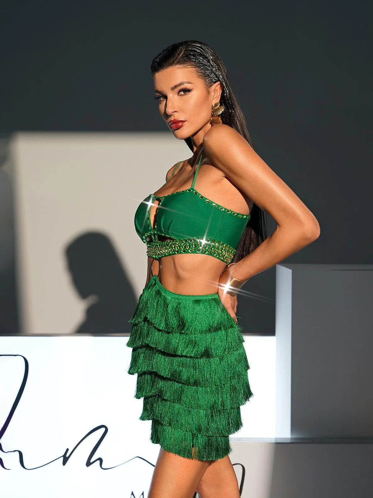 Osiris Rhinestone Cutout Fringe Bandage Dress In Green
