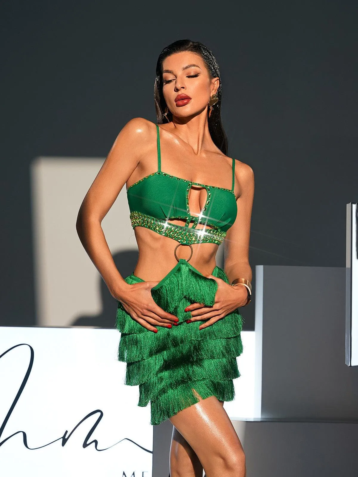 Osiris Rhinestone Cutout Fringe Bandage Dress In Green