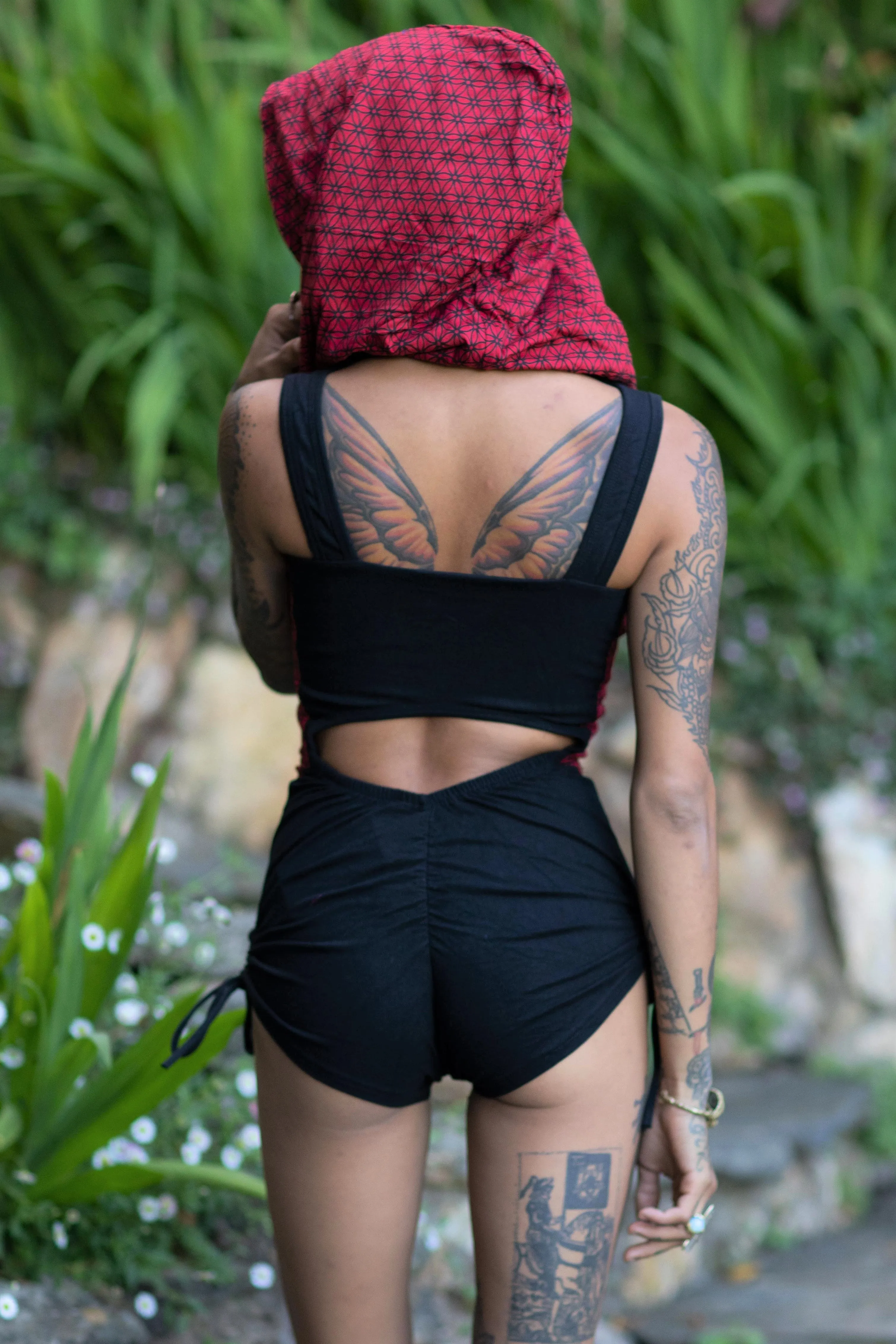 Racer Hooded Romper - Black with Red Flower of Life Print