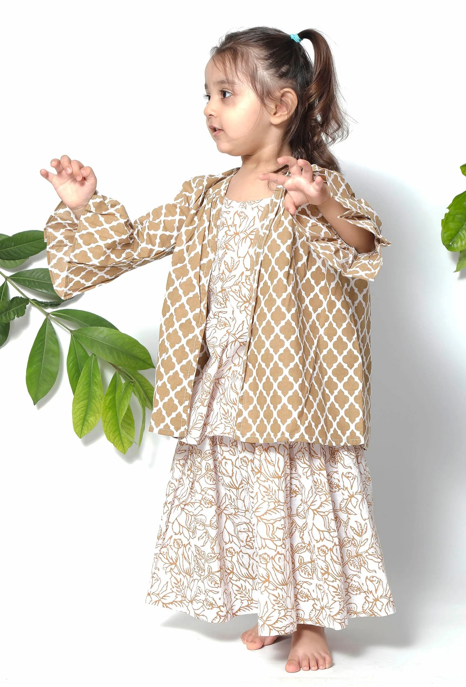 Set of 3 - Rapunzel Brown Floral Cape Jacket with Cotton Slip and Jacket