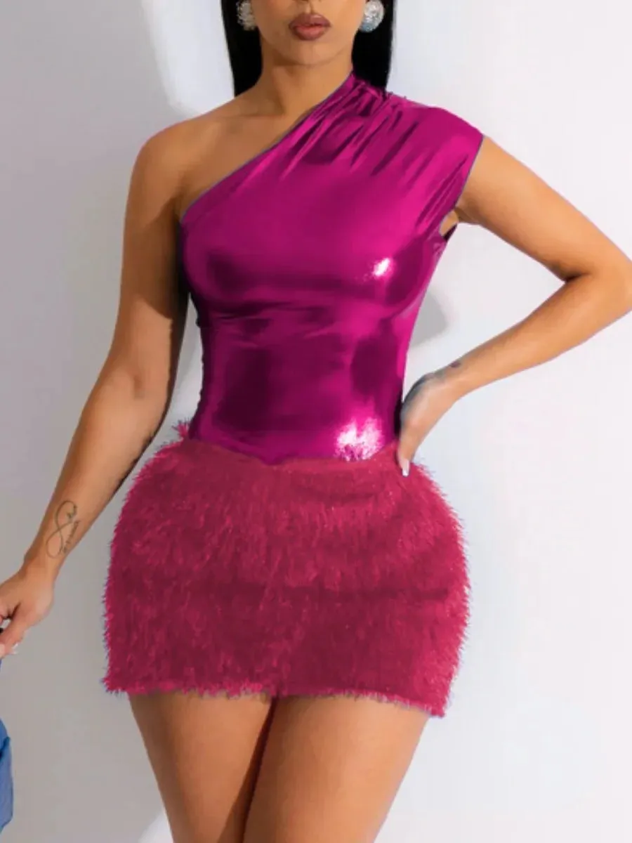 Uniwim聽 SXY Plus Size One Shoulder Plush Bodycon Dress Women Sexy One Shoulder Sleeveless Dress Bodycon Mini Dress Club Party dresses