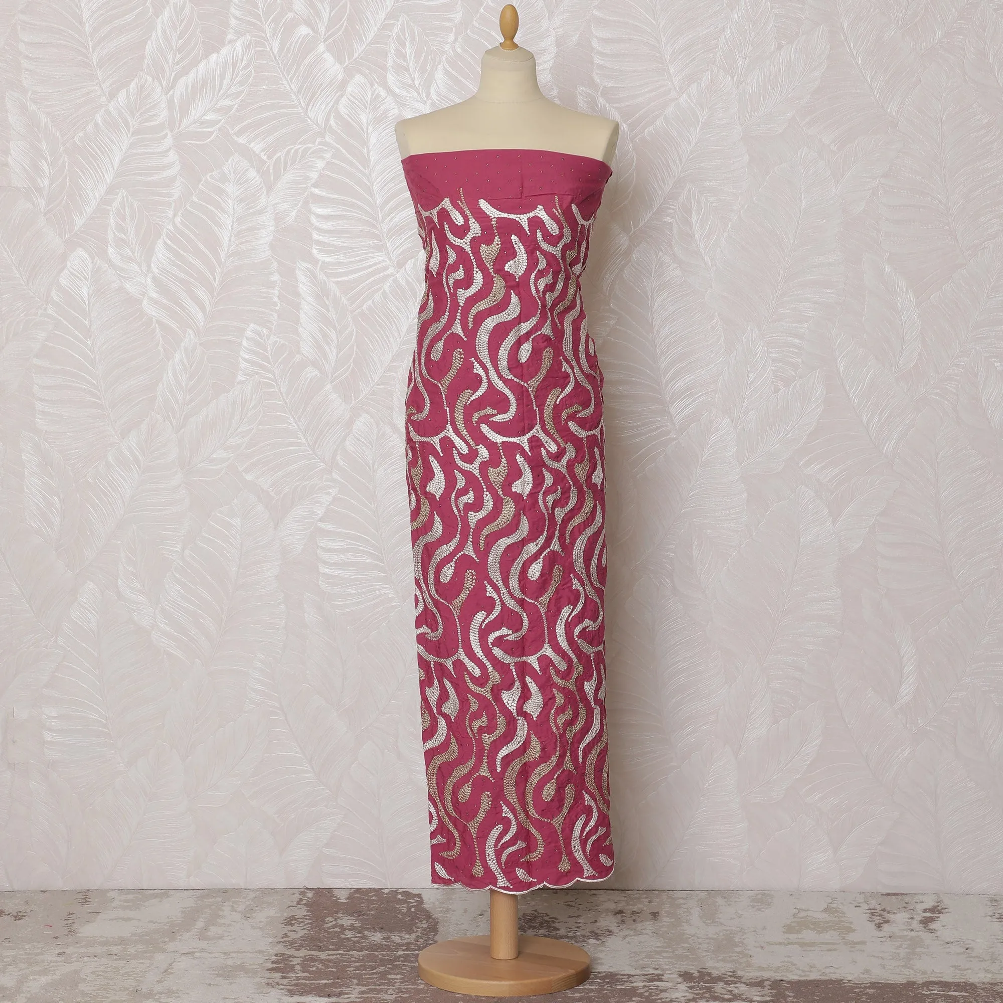Vibrant Magenta Blended Cotton Fabric with White and Gold Embroidery - Last Piece of 3.0 Meters, 110 cm Width-D19769