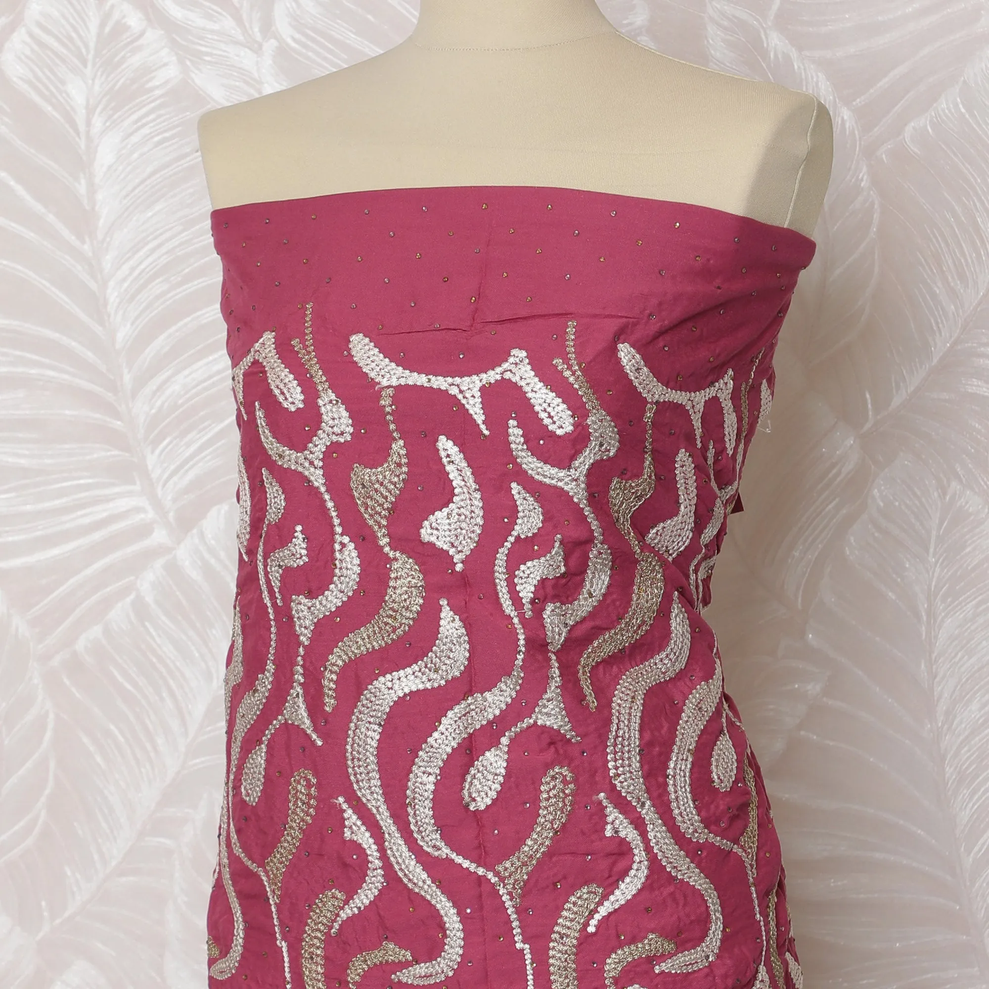 Vibrant Magenta Blended Cotton Fabric with White and Gold Embroidery - Last Piece of 3.0 Meters, 110 cm Width-D19769