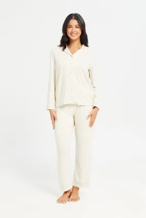 Women Beige Plain Long Sleeve Classic Pyjama Set (2 Piece)