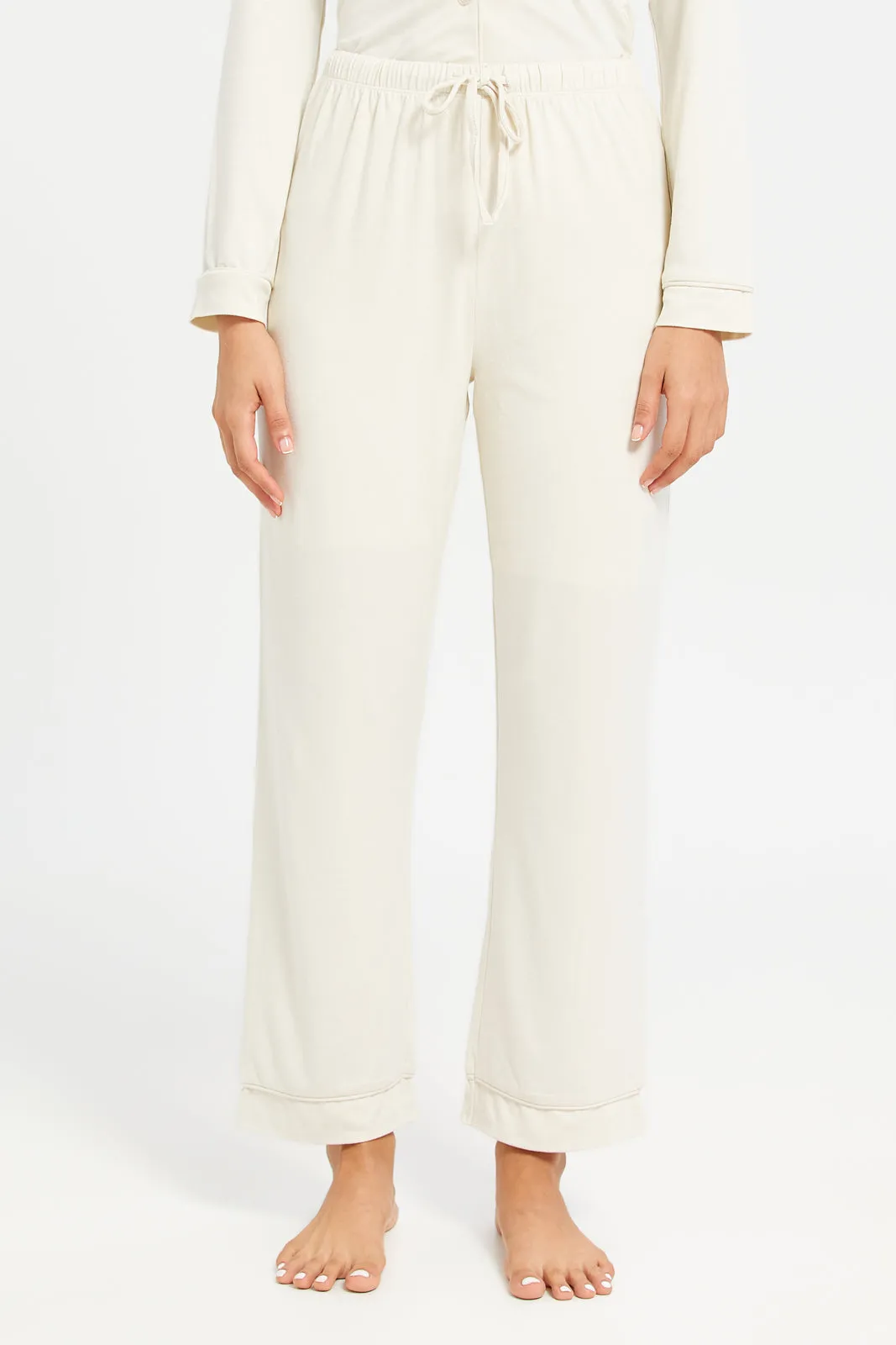 Women Beige Plain Long Sleeve Classic Pyjama Set (2 Piece)