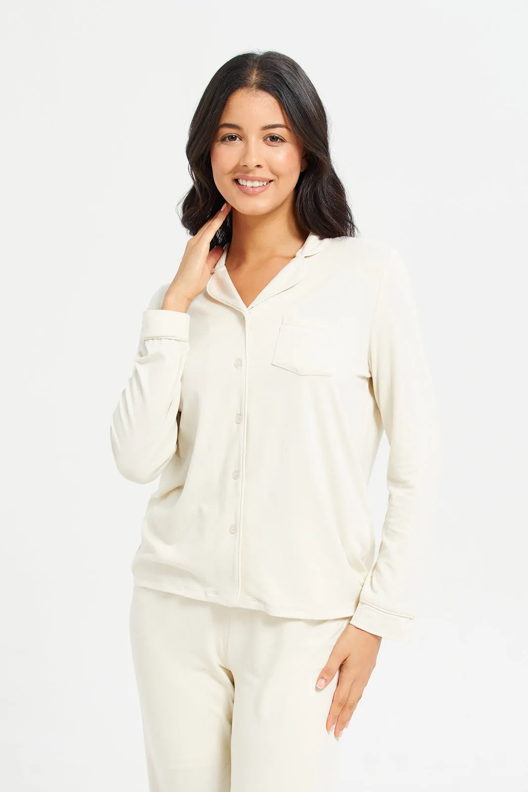 Women Beige Plain Long Sleeve Classic Pyjama Set (2 Piece)