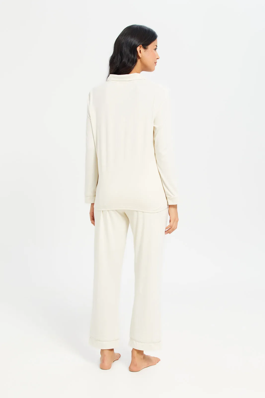 Women Beige Plain Long Sleeve Classic Pyjama Set (2 Piece)