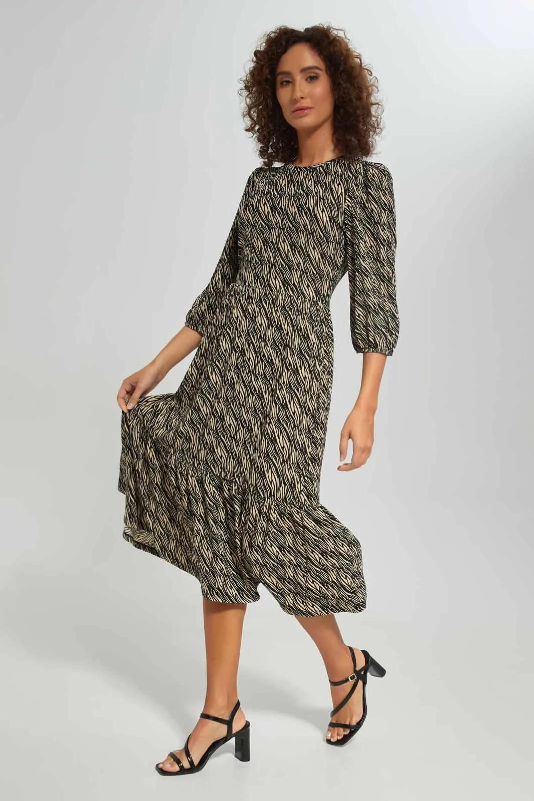 Women Black And Beige Tiered Midi Dress
