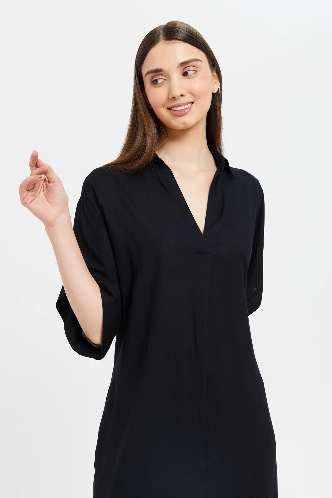 Women Black Kaftan Drop Shoulder Nightgown