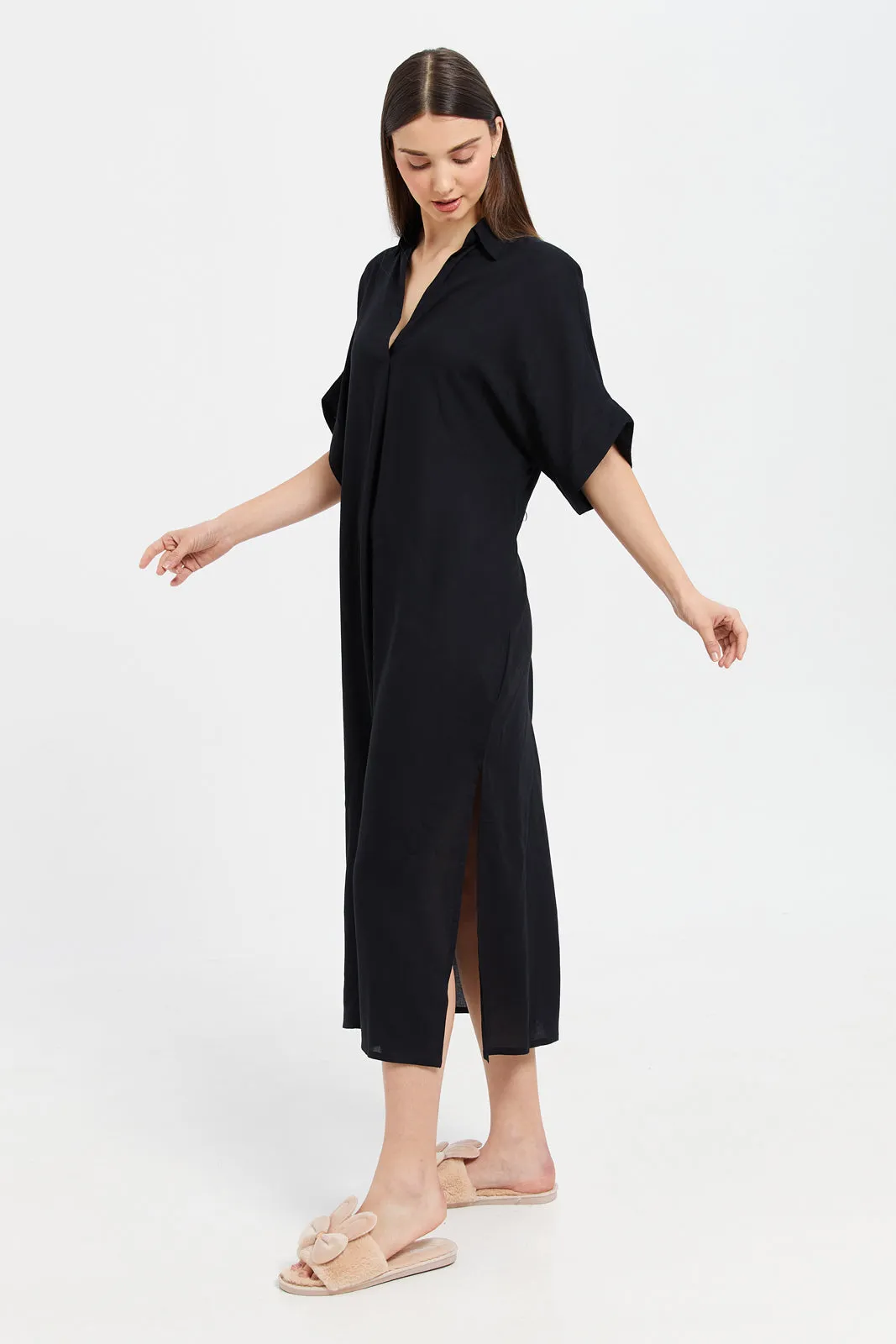Women Black Kaftan Drop Shoulder Nightgown